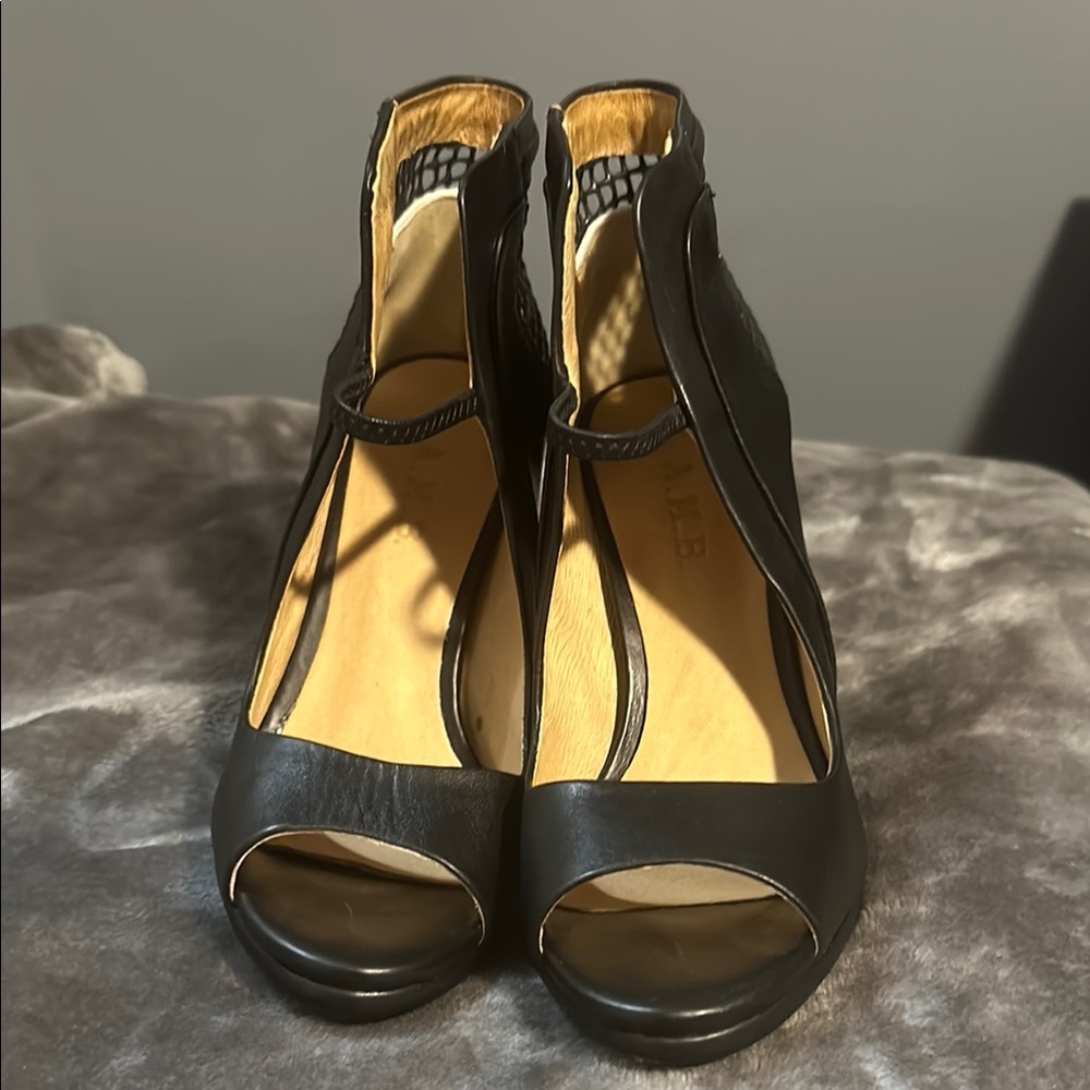 L.A.M.B. Black Heels with Ankle Strap and Cutout Design
